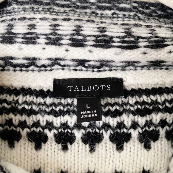 Talbots | Fair Isle Mock Neck Sweater Wool Blend Winter Cozy Black White Large - Picture 6 of 7